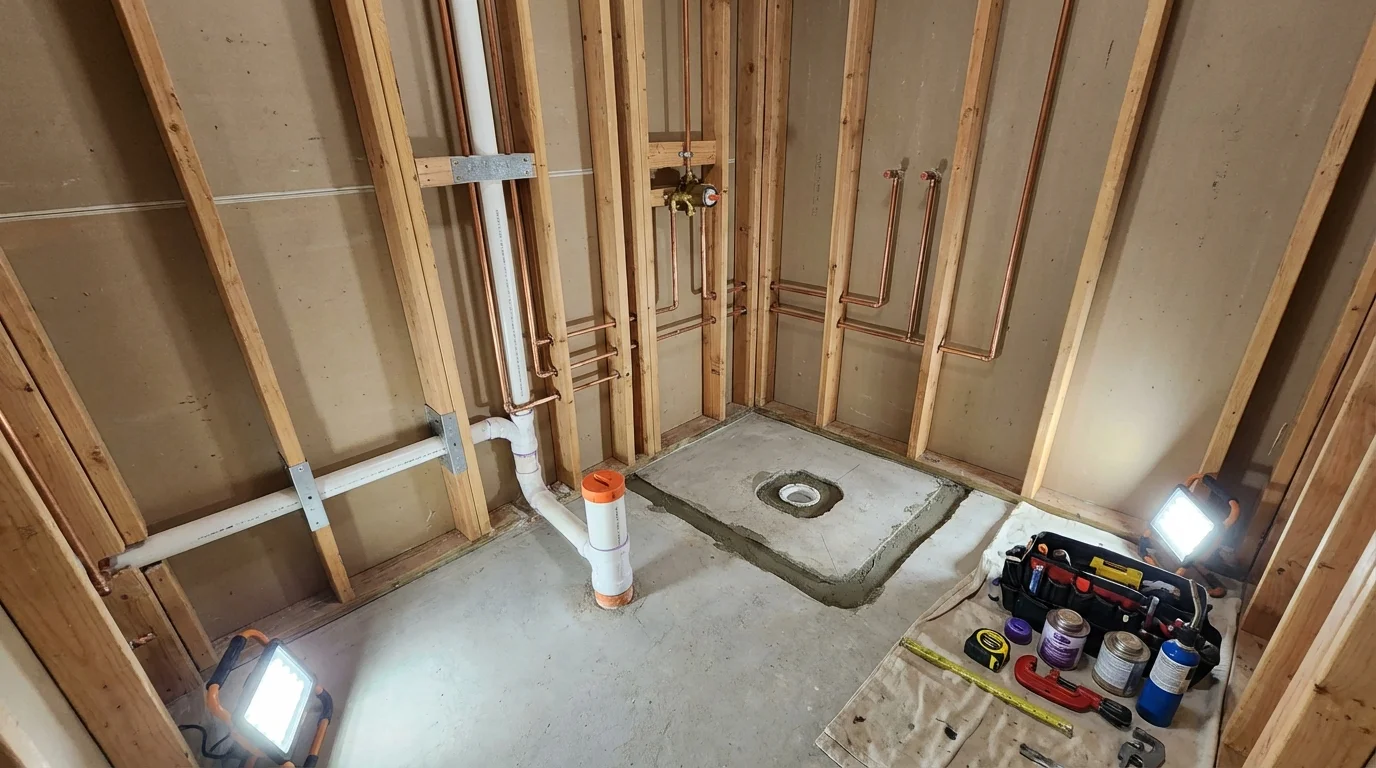 Bathroom rough-in plumbing during remodel by Johns Plumbing LLC in Stafford Springs