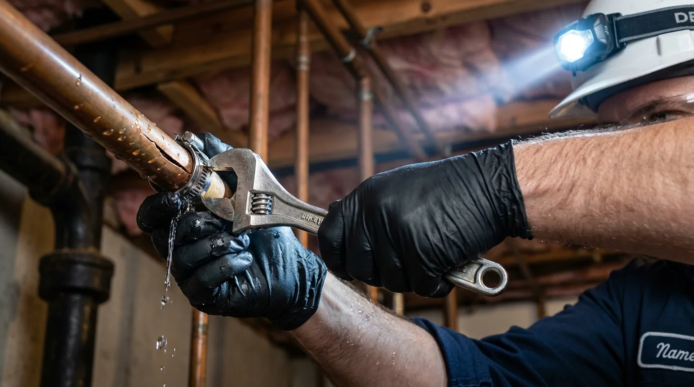 Emergency pipe clamp repair being performed by a Johns Plumbing LLC plumber in Stafford Springs