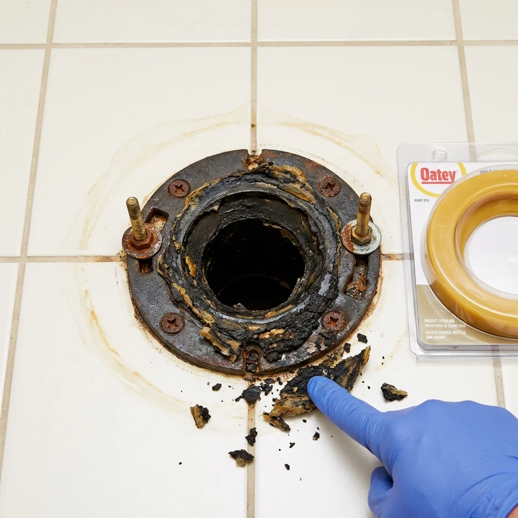 Failed wax ring showing water seepage at the base of a toilet in a Stafford Springs, CT home