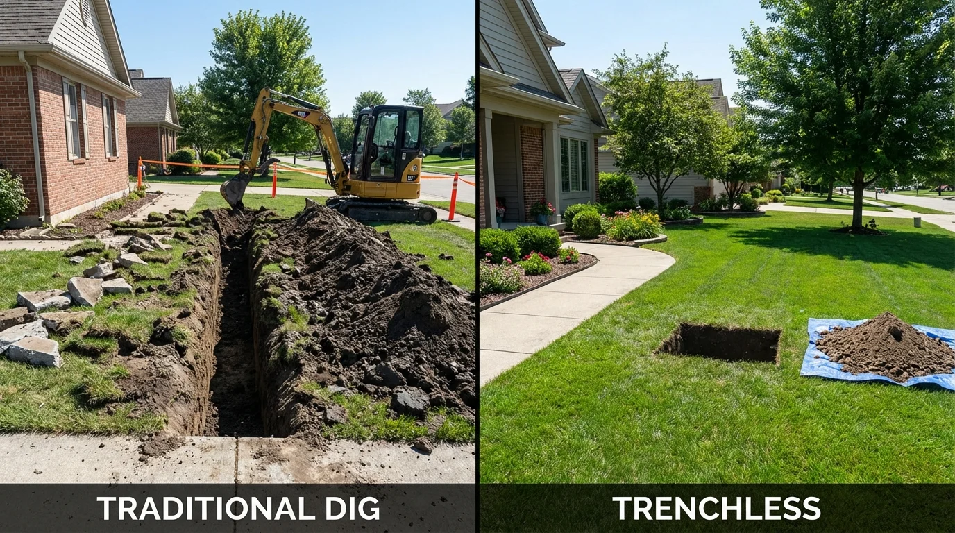 Trenchless sewer repair with minimal yard damage versus traditional excavation in Stafford Springs, CT