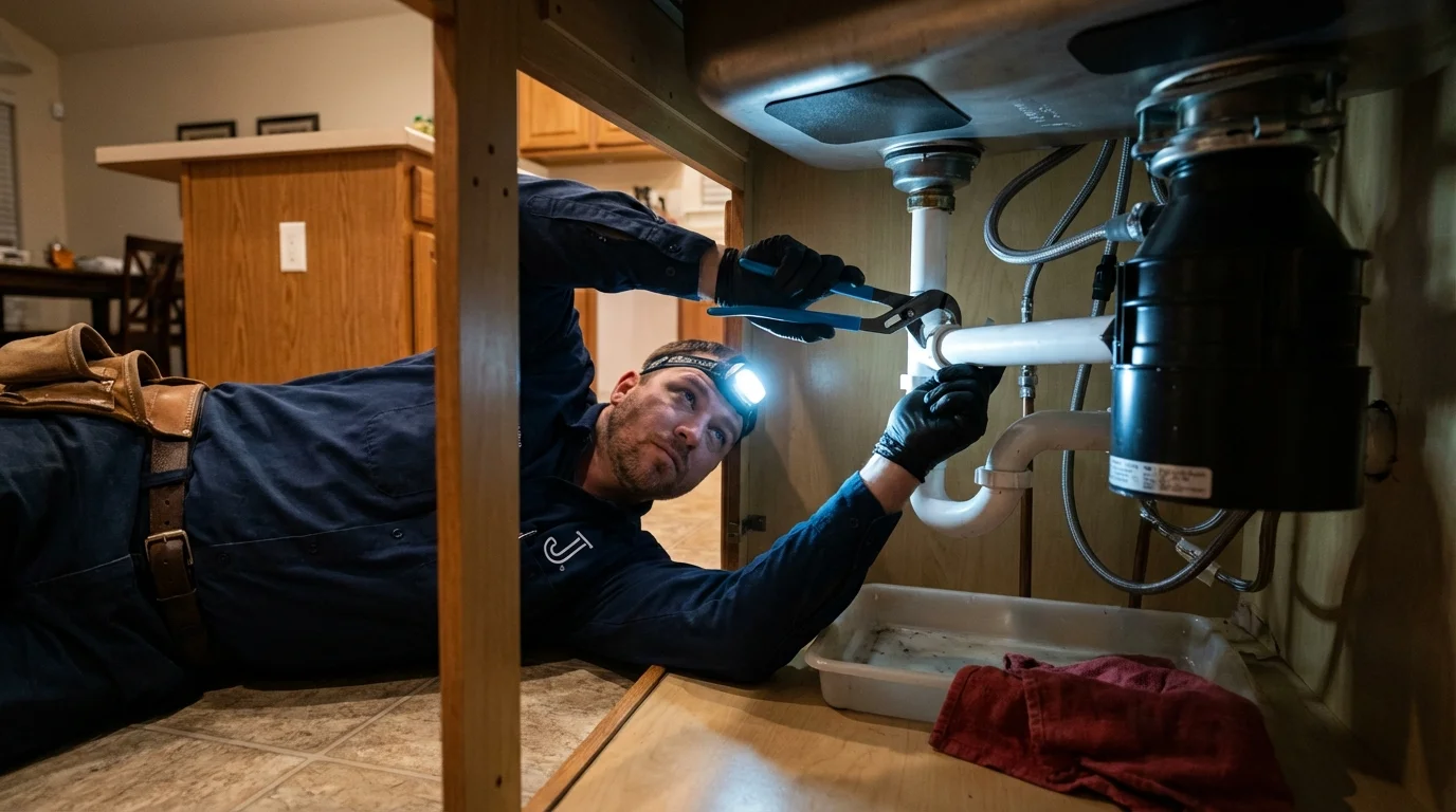 P-trap and supply line connections under a kitchen sink showing a common leak point in Stafford Springs, CT